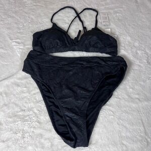 CUPSHE Black Textured Floral High Waisted Bikini Set DAA12C2L007AA Large NWT